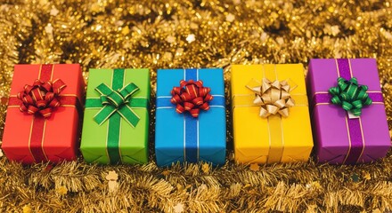 Colorful gift boxes with ribbons on golden tinsel background