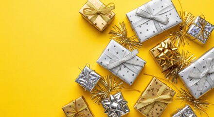 Silver and gold gift boxes with ribbons on yellow background