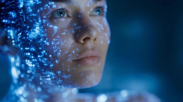 Neural network monitoring emotional micro-expressions on human faces with real-time holographic feedback, symbolizing predictive AI, deep learning, and advanced affective technology. cinematic