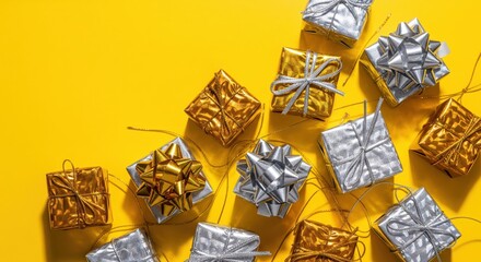 Silver and gold gift boxes with ribbons on yellow background
