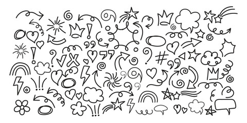 Line cute element set. Hand-drawn sketch doodle style arrow, cloud, star with marker stroke pencil highlight. Doodle sketch heart, star, cloud cartoon sticker shapes