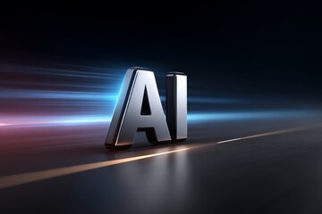 3D Metallic AI Logo Against a Dynamic Blue and Purple Light Streak Background