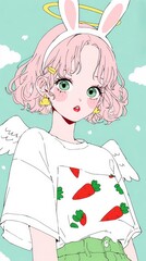 Cute Anime Girl with Bunny Ears,Wings,and Carrot Shirt