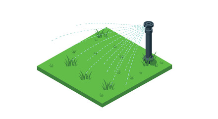 Isometric garden sprinkler on lawn patch with spraying water