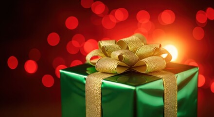 Green gift box with golden ribbon and bow on red bokeh background