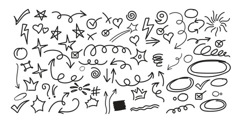 Line cute element set. Hand-drawn sketch doodle style arrow, cloud, star with marker stroke pencil highlight. Doodle sketch heart, star, cloud cartoon sticker shapes