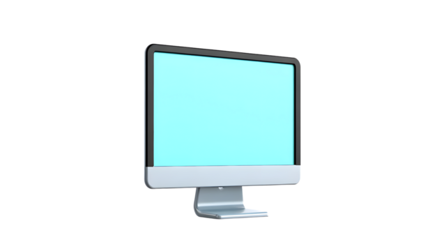 A modern, silver and black computer monitor with a bright cyan screen, displayed at an angle and isolated on a transparent background