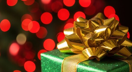 Green gift box with golden ribbon and bow on red bokeh background