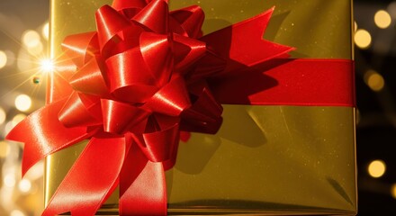 Green gift box with golden ribbon and bow on red bokeh background