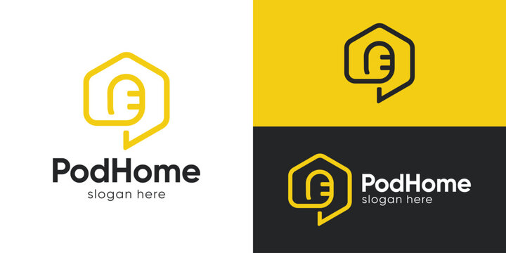 Creative simple pod home logo template. Podcast symbol with home and bubble chat, interview house logo design vector illustration.