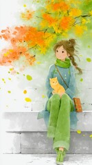A young woman in green attire sits outdoors holding an orange cat under bright autumn foliage.