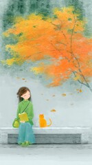 A girl reading under an autumn tree with a cat beside her.