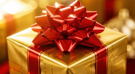 Golden gift box with red ribbon and bow on festive background