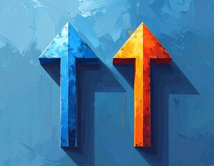 Abstract image of two textured arrows pointing upwards, one blue, one orange, on blue