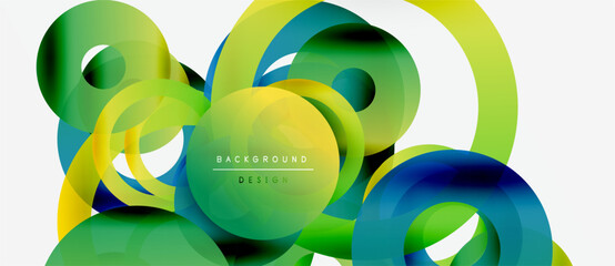 Abstract colorful circles overlap creating dynamic visual effect. Gradient shades blend, forming modern background design.