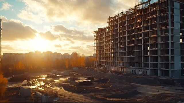 The construction site features a towering building under development, with a sunset illuminating the scene with warm light. This construction site showcases the progress of urban d