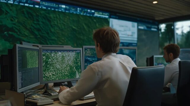 Inside the 911 operations center, a digital 3D holographic map displays the swarm of rescue drones, with operators tracking terrain elevation, wind resistance, and flight stability to ensure safe