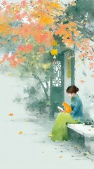 A woman in traditional attire reading with an orange cat under autumn foliage in a serene courtyard.