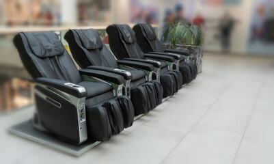 Row of modern black massage chairs placed in a shopping mall relaxation zone. Comfortable leather recliners with foot and back massage functions, arranged neatly on tiled floor near indoor plants