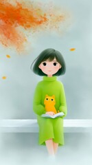 A girl in a green sweater holding a cat while reading a book outdoors with autumn leaves.