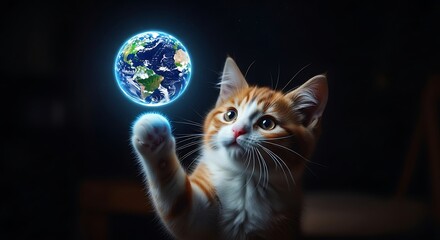 Ginger kitten reaches towards a glowing earth globe floating in the dark background with curiosity