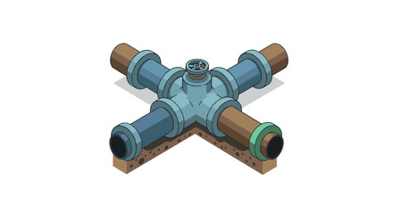 Isometric cross pipe connection with valves and fittings on white background