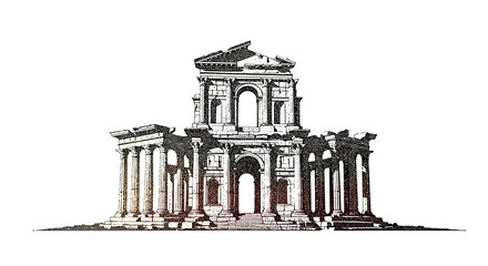 Obraz premium Ancient Roman Temple Ruins Sketch on White Background.
