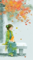 A tranquil autumn scene featuring a young woman in traditional attire holding a cat under maple leaves.