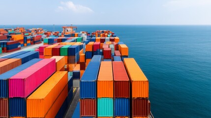 Fototapeta premium Busy Maritime Shipping Dock with Stacked Cargo Boxes for International Trade Transport, Copy Space Available