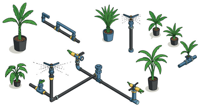 Automated garden watering system with potted plants and sprinkler network in…