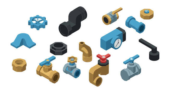 Isometric plumbing tools and valves set for home renovation and repair projects