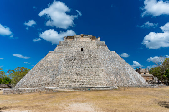 A beautiful landscape of the Pyramid of the Magician in the Mayan archeological site of Uxmal in southern Mexico