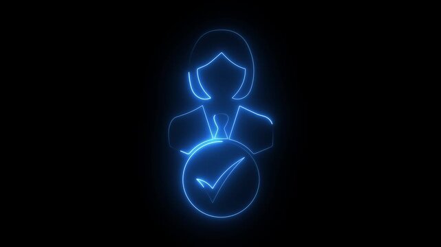 Neon blue glowing business woman icon with check mark, on dark background, digital corporate approval success symbol.