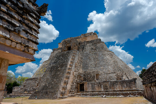 A beautiful landscape of the Pyramid of the Magician in the Mayan archeological site of Uxmal in southern Mexico