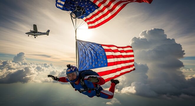Skydiver descends through clouds carrying American flag with plane in background at sunset
