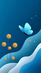 Minimalist blue scene with a light blue butterfly and yellow spherical flowers against a textured blue background.