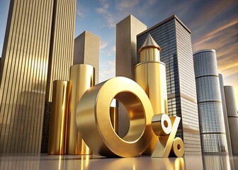 Golden ten percent in city landscape with skyscrapers and buildings in the background