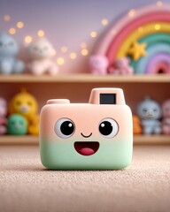 Cute,smiling toy camera on a textured surface with a blurred background of toys and lights.