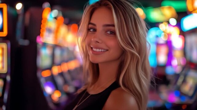 Young woman with blonde hair smiles in front of blurred, colorful slot machines
