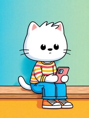 A cute white cartoon cat sitting and engrossed in a pink smartphone against a textured blue-green wall.