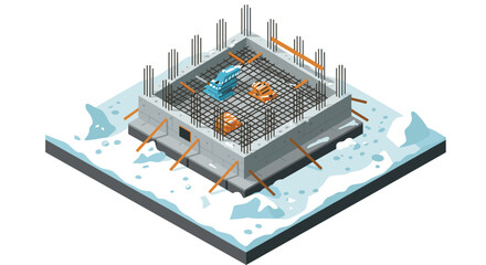 Isometric concrete foundation construction with steel reinforcement bars