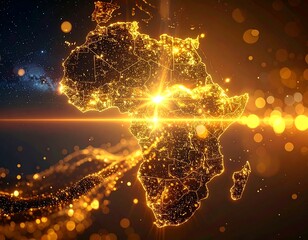 Abstract glowing silhouette of the African continent surrounded by bokeh lights