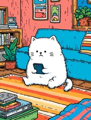 Fluffy white cat engrossed in a smartphone while sitting on a colorful rug indoors.