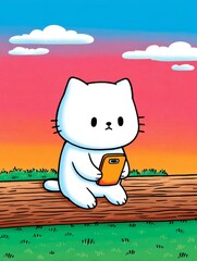 Cute white cat sitting outdoors on a log,engrossed in a bright orange smartphone against a colorful sunset sky.