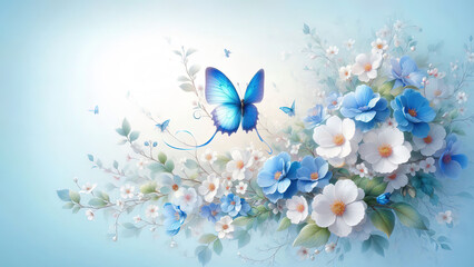 Blue flowers, butterfly, white blossoms, soft light, pastel colors, light blue background, dreamy, digital art. Copyspace