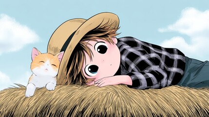 Anime-style child and kitten resting on hay bale under a blue sky.