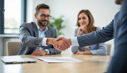 Business meeting with handshake and collaboration among professionals in a modern office.