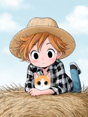 Anime-style illustration of a child in a straw hat with a kitten on a hay bale