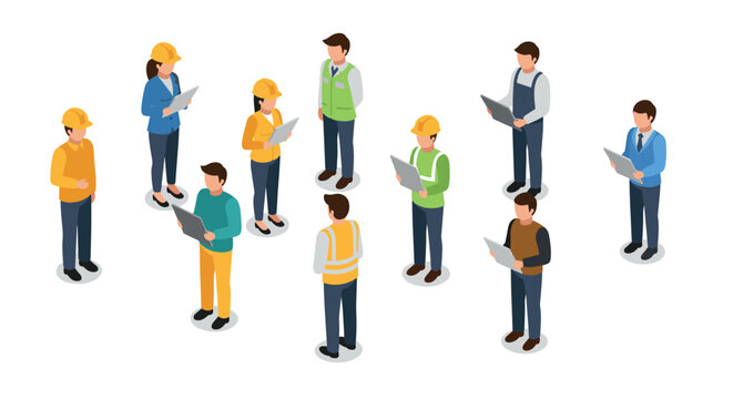 Isometric teamwork in construction and business meeting concept