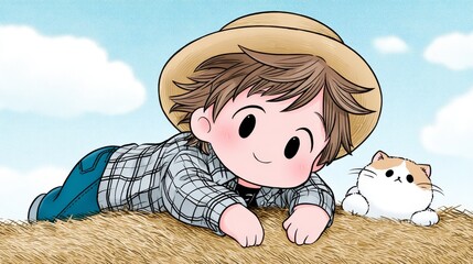 An illustration of a young boy in a straw hat and plaid shirt resting on hay with a cat beside him,under a blue sky.